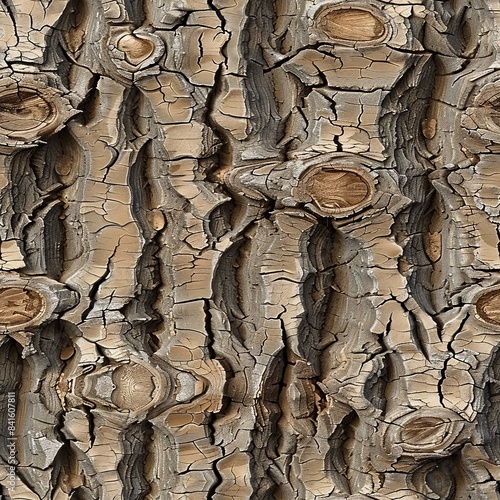 A seamless pattern featuring detailed photo realistic wood grain and bark textures photo