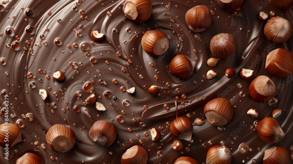 Hazelnuts falling into melted chocolate, top view Hazelnuts falling into melted chocolate, top view