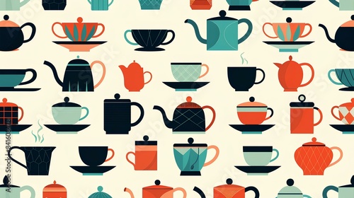 Minimalistic geometric pattern with coffee cups and tea pots in flat colors, perfect for caf?(C) wall decor. © Photos Hub