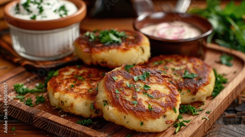 Traditional Eastern European dish of potato cake served with sauce and parsley on a wooden platter