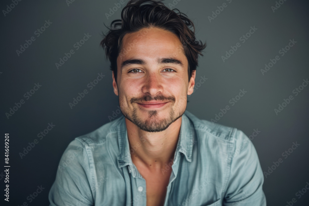 A close up portrait of a young man with a subtle smile A close up portrait of a young man with a subtle smile