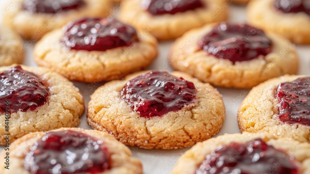 Strawberry jam cookies displayed against a white backdrop Strawberry jam cookies displayed against a white backdrop