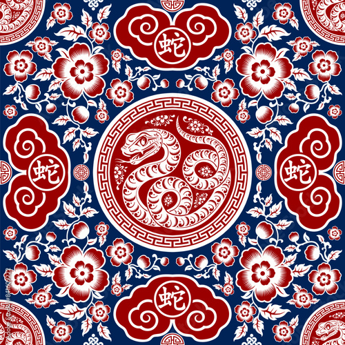 Seamless pattern happy chinese new year 2025 the snake zodiac sign with asian elements paper cut style on color background. ( Translation : happy new year 2024 year of the snake )
