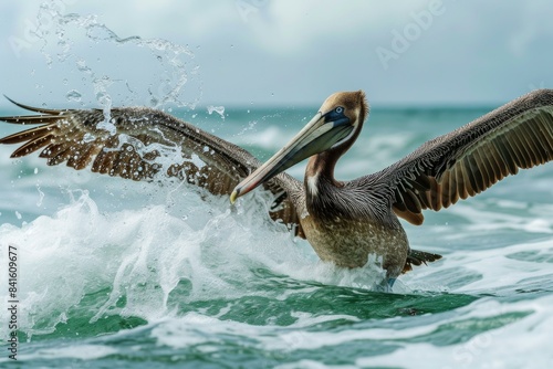 Majestic brown pelican with outstretched wings skillfully navigating the rough sea photo