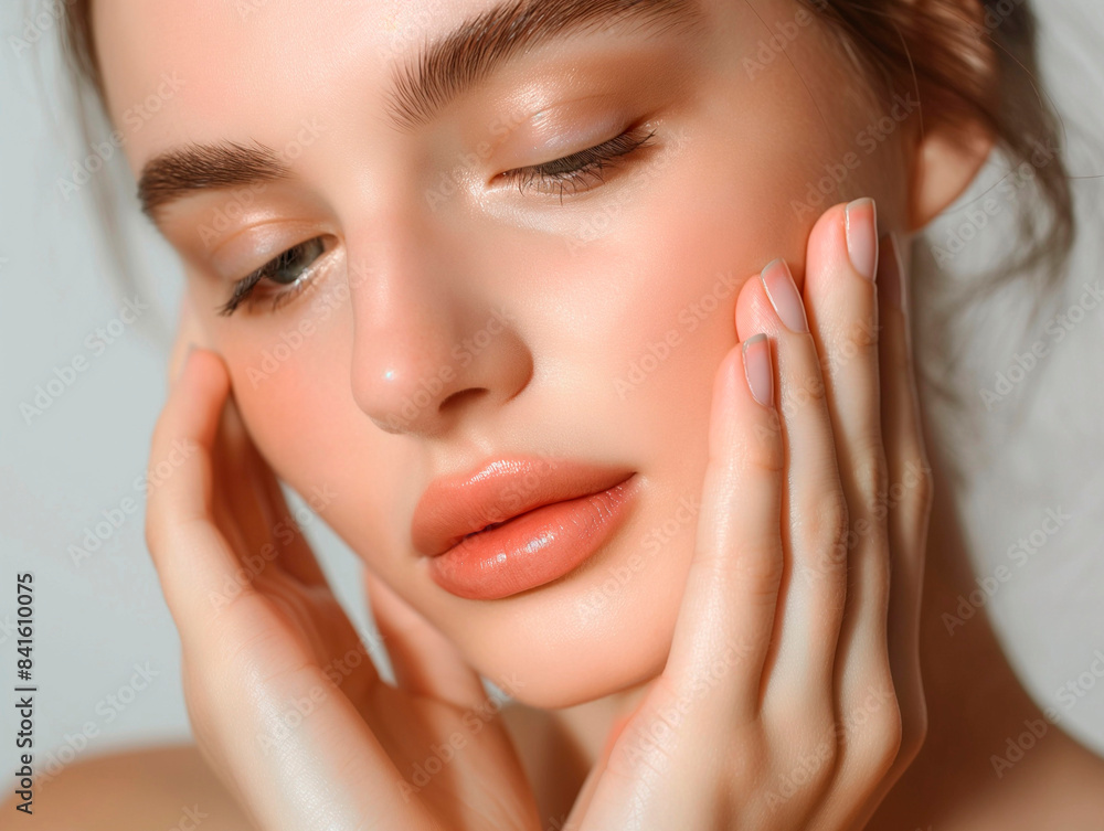 beautiful young female hands gently touching her skin, close-up, concept of tender young healthy skin and care beautiful young female hands gently touching her skin, close-up, concept of tender young healthy skin and care