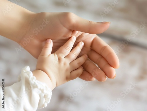beautiful young female hands gently touching baby skin, close-up, concept of love mother and child