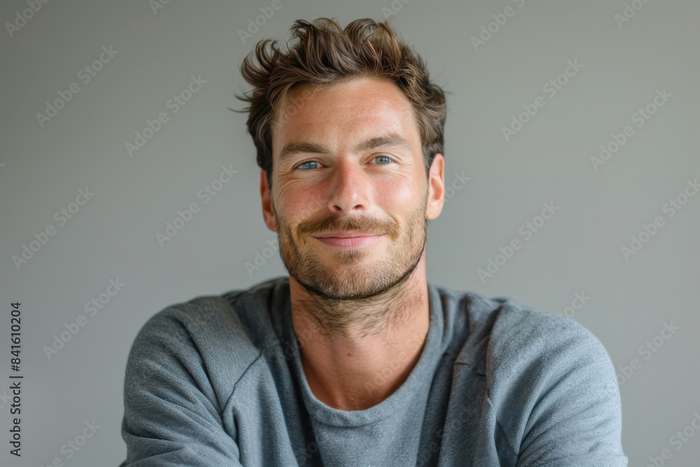 A close up portrait of a young man with a subtle smile A close up portrait of a young man with a subtle smile