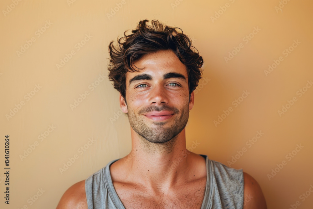 A close up portrait of a young man with a subtle smile A close up portrait of a young man with a subtle smile