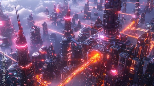 A futuristic city with neon lights and advanced technology. 