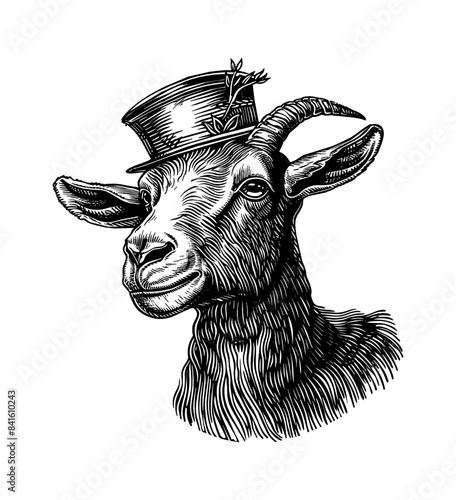 goat, wears retro top hat engraving black and white outline