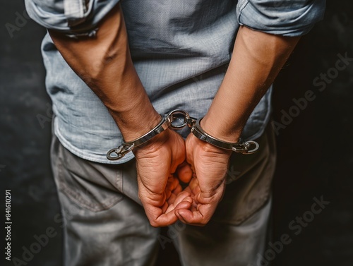 Arrested criminal man with handcuffs behind. Hands in handcuffs © mirifadapt