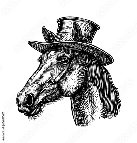horse, wears retro top hat engraving black and white outline