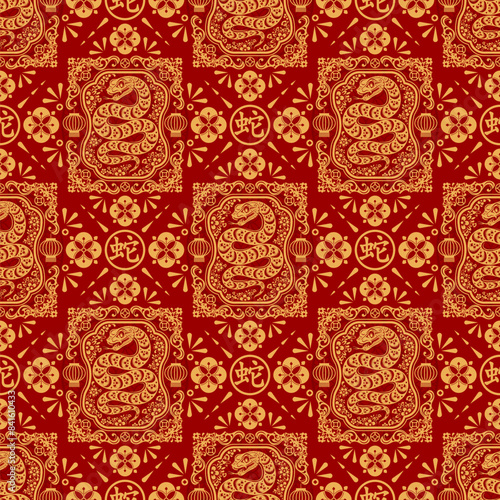 Seamless pattern happy chinese new year 2025 the snake zodiac sign with asian elements paper cut style on color background. ( Translation : happy new year 2024 year of the snake )
