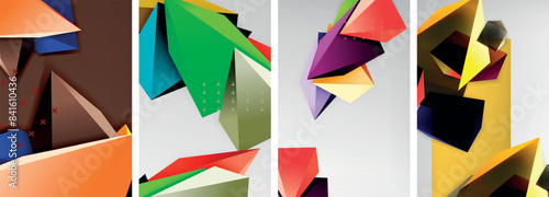 Trendy low poly 3d triangle shapes and other geometric elements background designs for wallpaper, business card, cover, poster, banner, brochure, header, website