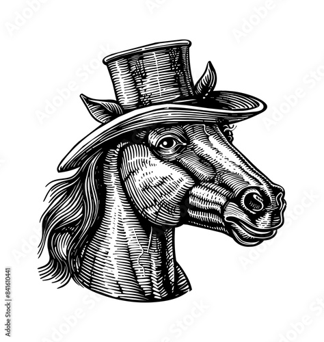 horse, wears retro top hat engraving black and white outline