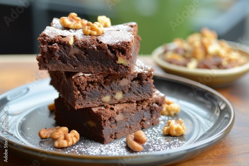 Delicious brownies with walnuts stacked on a plate  dusted with powdered sugar