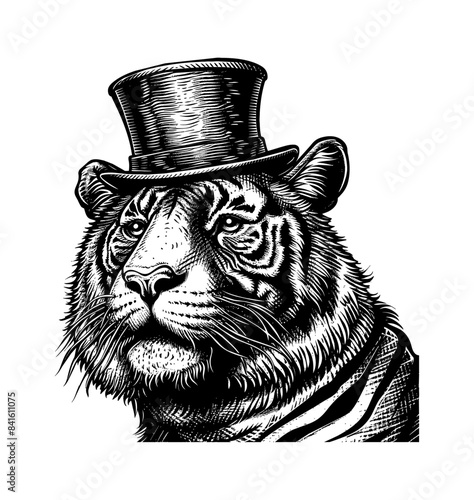tiger, wears retro top hat engraving black and white outline