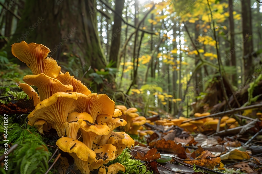 Wild chanterelles in the forest, showcasing a cluster of golden-yellow mushrooms nestled among fallen leaves and moss on the forest floor, surrounded by tall trees
