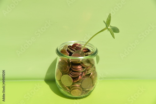 Ein Glas mit Münzen und eine Pflanze die symbolisch für finanzielles Wachstum stehen soll photo