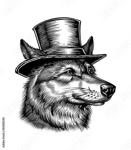 wolf, wears retro top hat engraving black and white outline