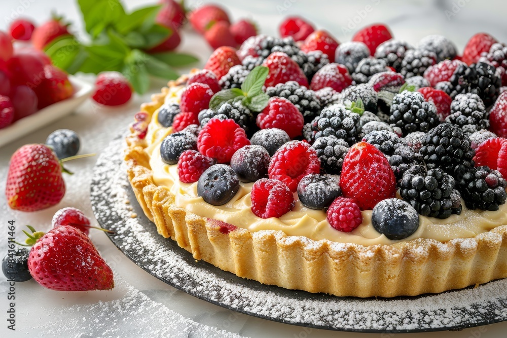 Mixed berry tart with fresh blackberries, raspberries, and blueberries, perfect for refreshing dessert lovers and elegant presentations, showcasing vibrant red, blue, and golden colors Mixed berry tart with fresh blackberries, raspberries, and blueberries, perfect for refreshing dessert lovers and elegant presentations, showcasing vibrant red, blue, and golden colors