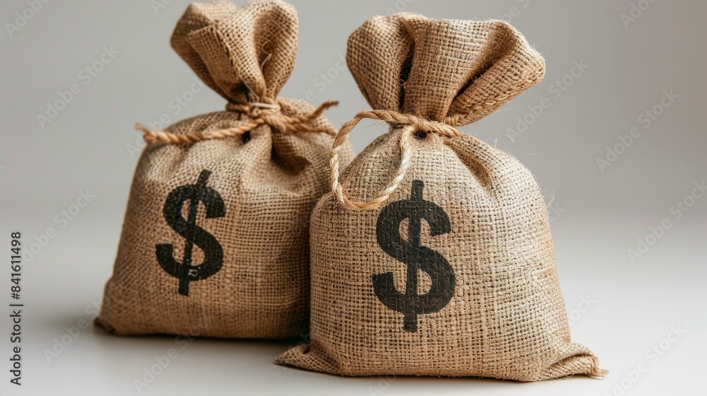 Two bags of money, one with a dollar sign and the other with a dollar sign Two bags of money, one with a dollar sign and the other with a dollar sign