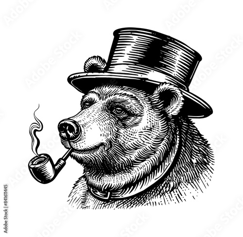 bear, wears top hat and smoking pipe engraving black and white outline