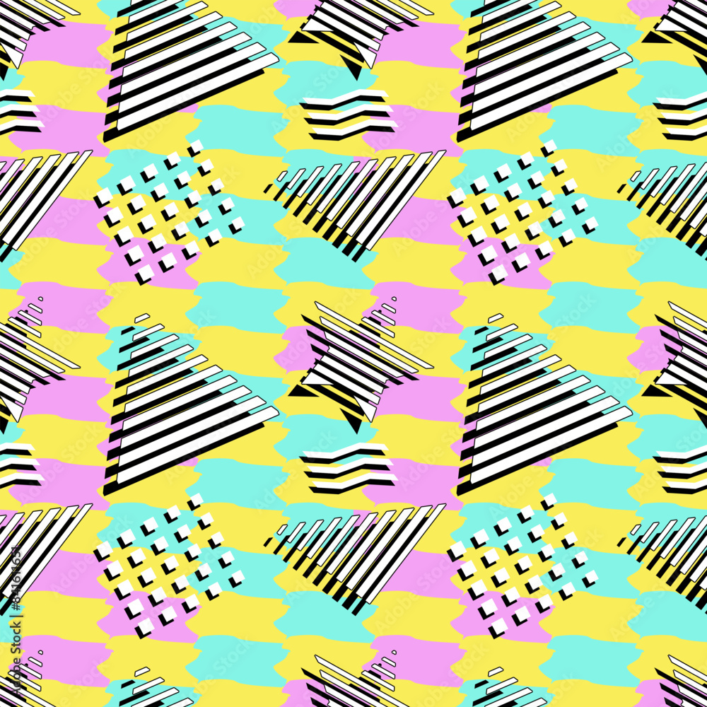 Memphis seamless pattern 90s, 80s retro style. Abstract geometric background with different geometric shapes: stars, triangles, squares, zig-zags, lines. Pink, turquoise, yellow, black, white colors Memphis seamless pattern 90s, 80s retro style. Abstract geometric background with different geometric shapes: stars, triangles, squares, zig-zags, lines. Pink, turquoise, yellow, black, white colors