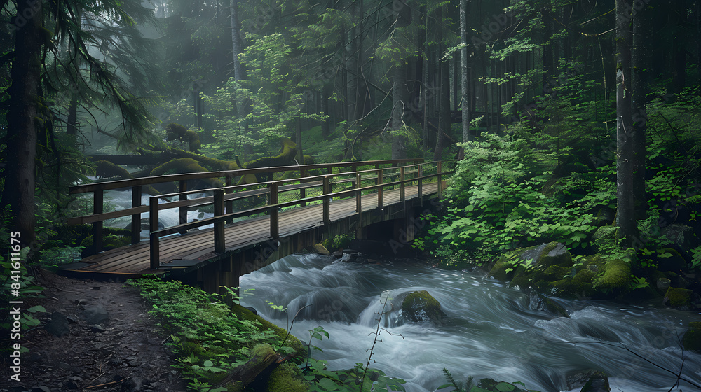 Fototapeta premium A bridge spans a river in a lush forest