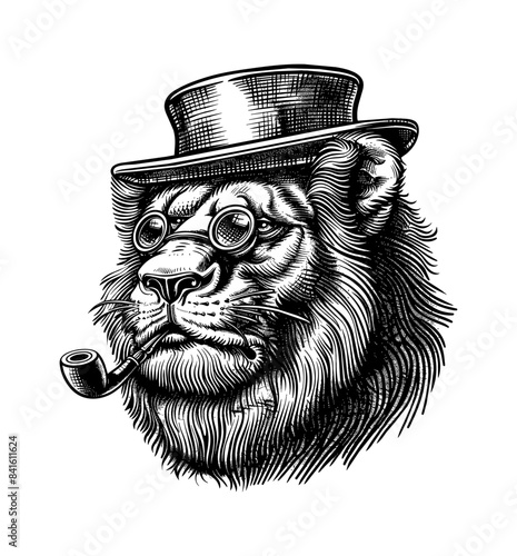 lion, wears top hat and smoking pipe engraving black and white outline