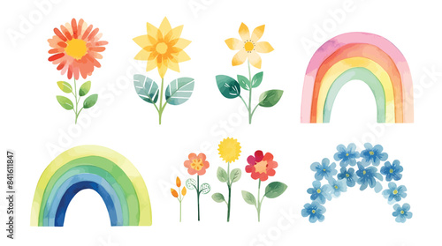 Watercolor  flowers, rainbow, cloud on isolated white background