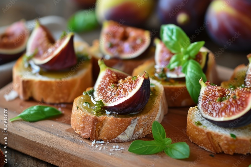 Close-up of fig bruschetta with basil on rustic wood, perfect for appetizers Close-up of fig bruschetta with basil on rustic wood, perfect for appetizers