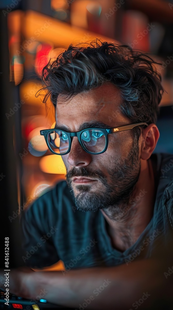 Focused man with glasses working intensely on a computer in a dimly lit room, background filled with soft, glowing lights. Focused man with glasses working intensely on a computer in a dimly lit room, background filled with soft, glowing lights.