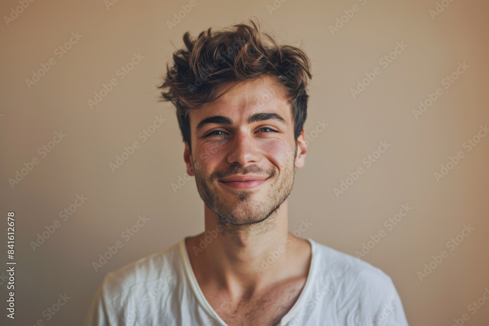 A close up portrait of a young man with a subtle smile A close up portrait of a young man with a subtle smile