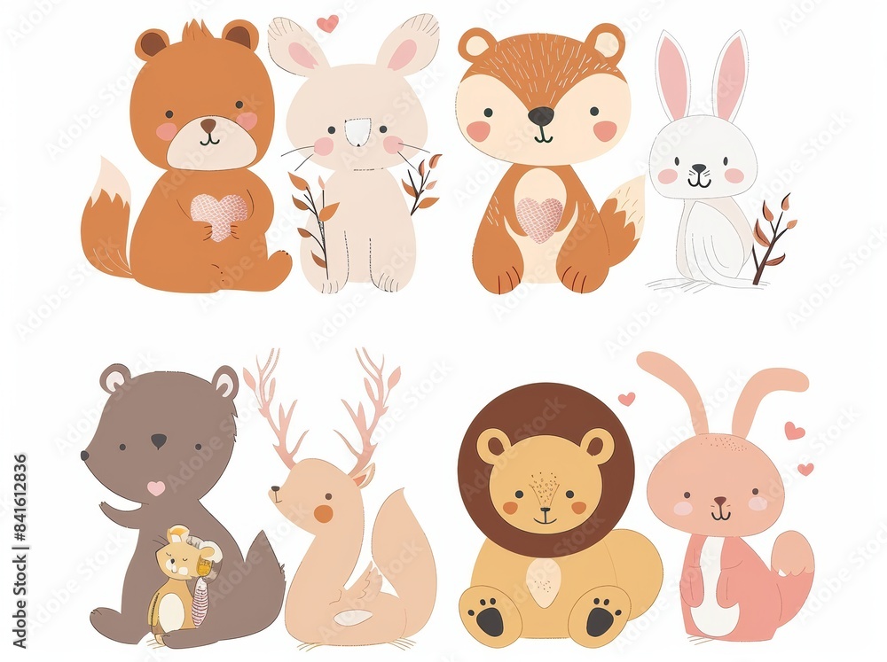 Hugging and kissing cartoon set featuring wild forest, zoo, or farm animals Hugging and kissing cartoon set featuring wild forest, zoo, or farm animals