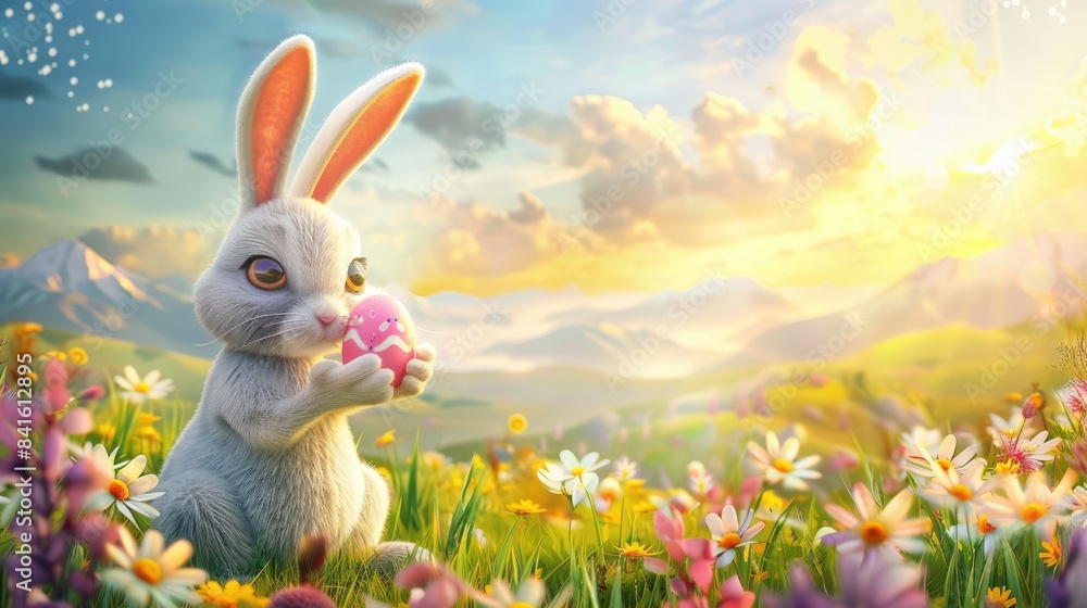 2d illustration of a whimsical Easter bunny holding an egg against a backdrop of a vibrant spring landscape 2d illustration of a whimsical Easter bunny holding an egg against a backdrop of a vibrant spring landscape