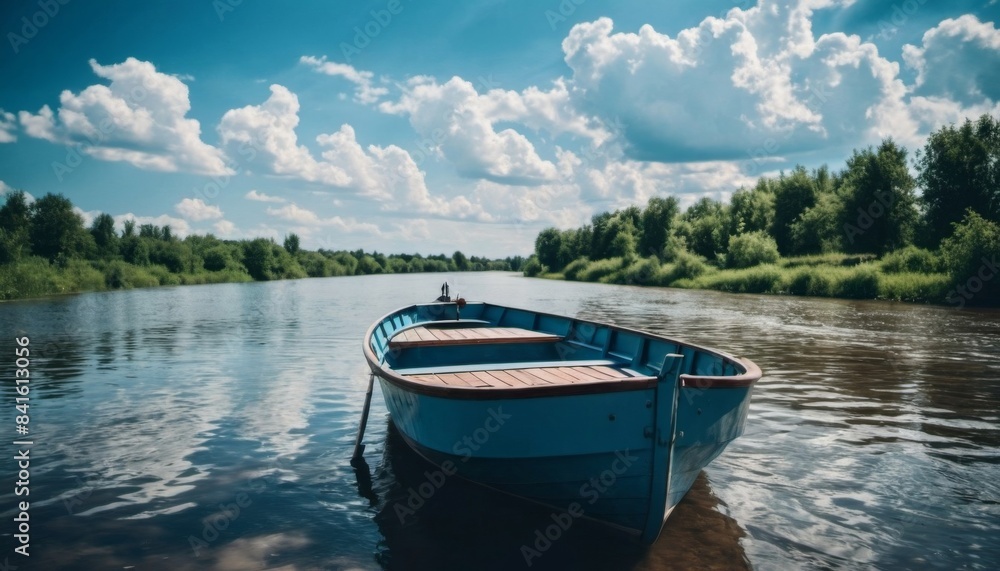river with a boat in summer. green trees and blue sky behind. holidays in the village river with a boat in summer. green trees and blue sky behind. holidays in the village