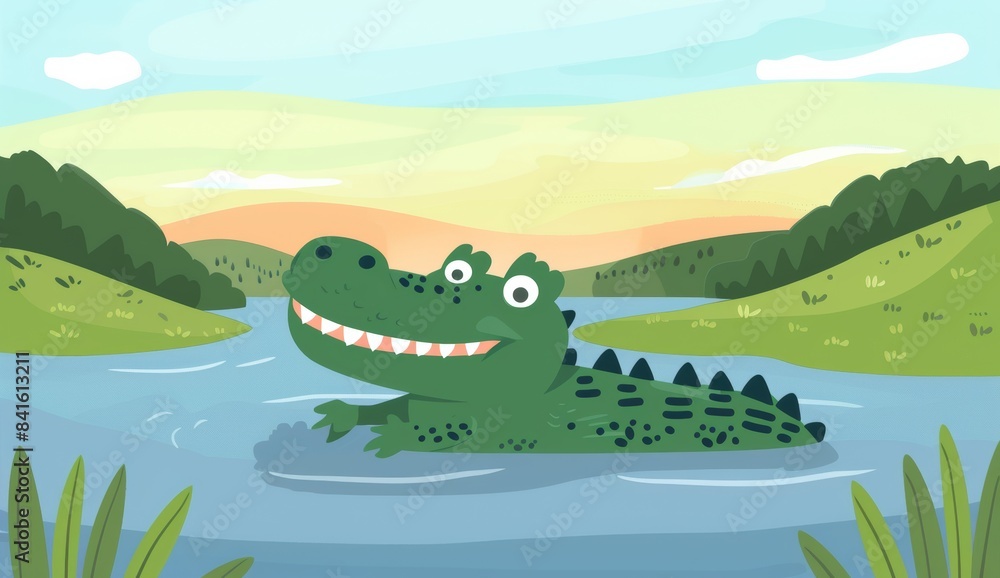 Alligator amphibian reptile wildlife dangerous illustration of a green angry wild animal swimming in river water, crocodile in water. Alligator amphibian reptile wildlife dangerous illustration of a green angry wild animal swimming in river water, crocodile in water.