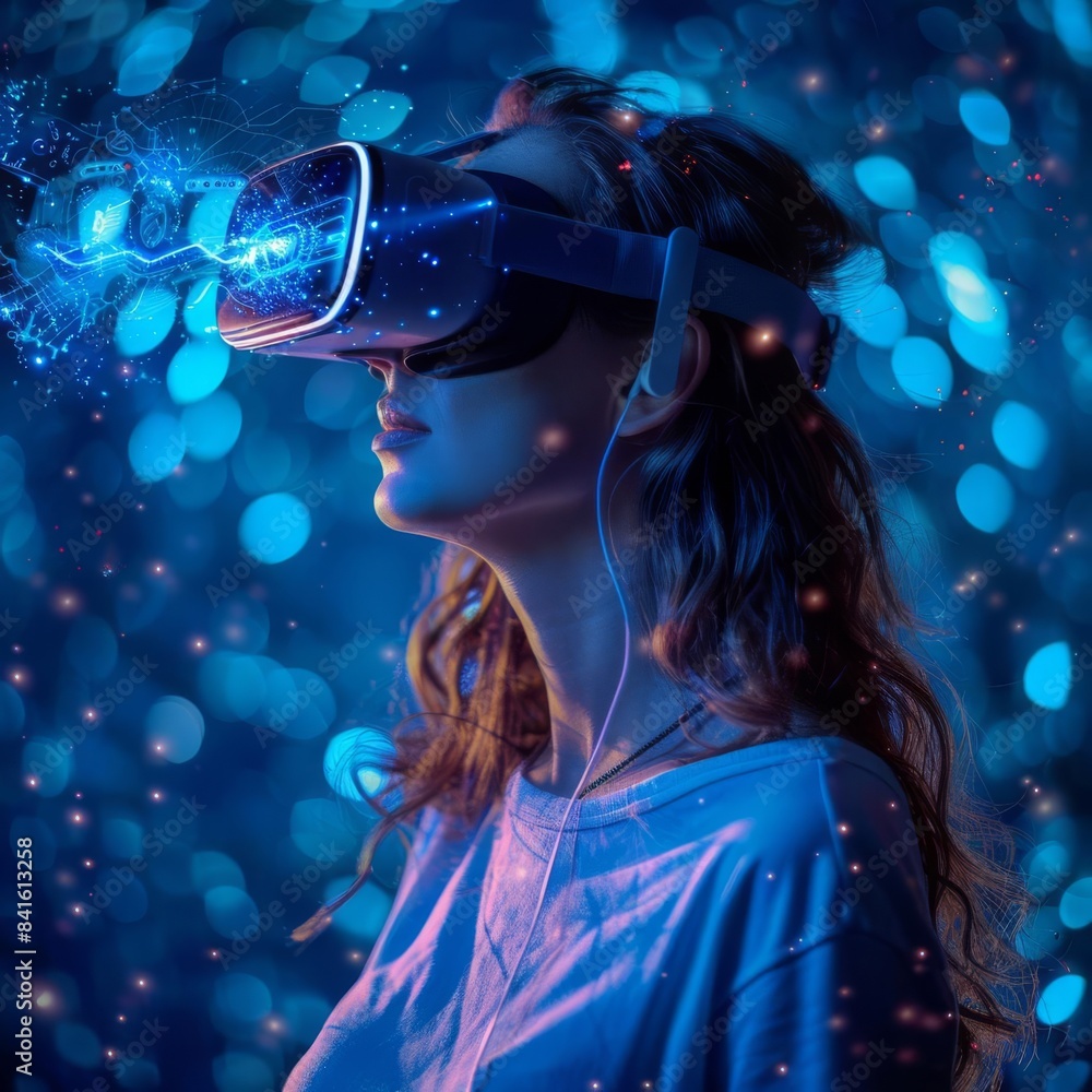 Young woman immersed in virtual reality experience, wearing VR headset with glowing particles in a vivid, futuristic blue environment. Young woman immersed in virtual reality experience, wearing VR headset with glowing particles in a vivid, futuristic blue environment.