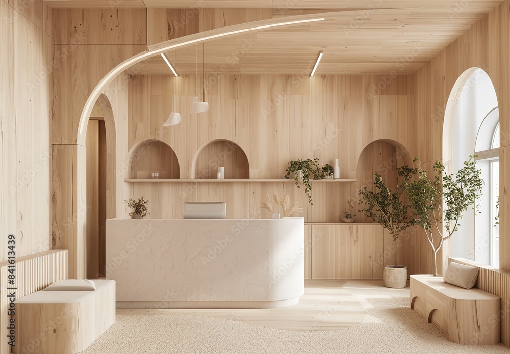 Title:
Modern Minimalist Reception Area in Beauty Salon Studio with Light Wood Paneling, White Desk, Beige Walls, Arched Windows, and Natural Lighting. Elegant Interior Design.
Title:
Modern Minimalist Reception Area in Beauty Salon Studio with Light Wood Paneling, White Desk, Beige Walls, Arched Windows, and Natural Lighting. Elegant Interior Design.