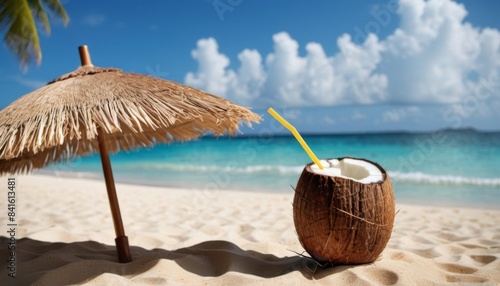 Wallpaper Mural coconut with a straw on the beach. Summer time. Generative ai Torontodigital.ca