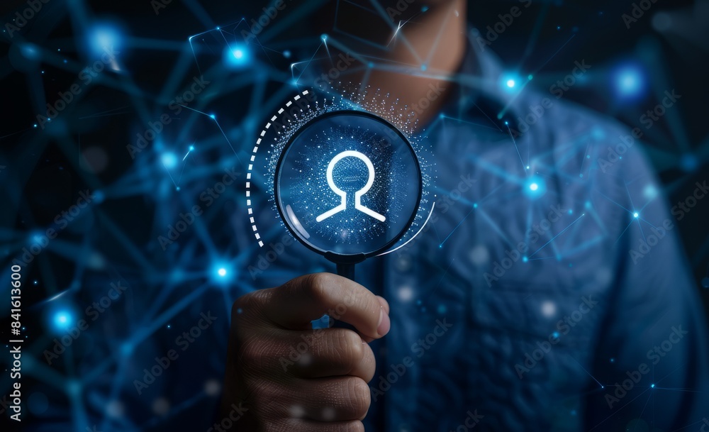 A person uses a magnifying glass and a selection icon to select the best employee or customer from a group of people, a human resources concept. There was a checkmark on the dark background, A person uses a magnifying glass and a selection icon to select the best employee or customer from a group of people, a human resources concept. There was a checkmark on the dark background,