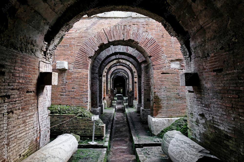 The underground areas of the Campanian Amphitheater (Capua Italy), a complex system of tunnels and galleries, used for the passage of animals and gladiators, for the preparation of the sets The underground areas of the Campanian Amphitheater (Capua Italy), a complex system of tunnels and galleries, used for the passage of animals and gladiators, for the preparation of the sets