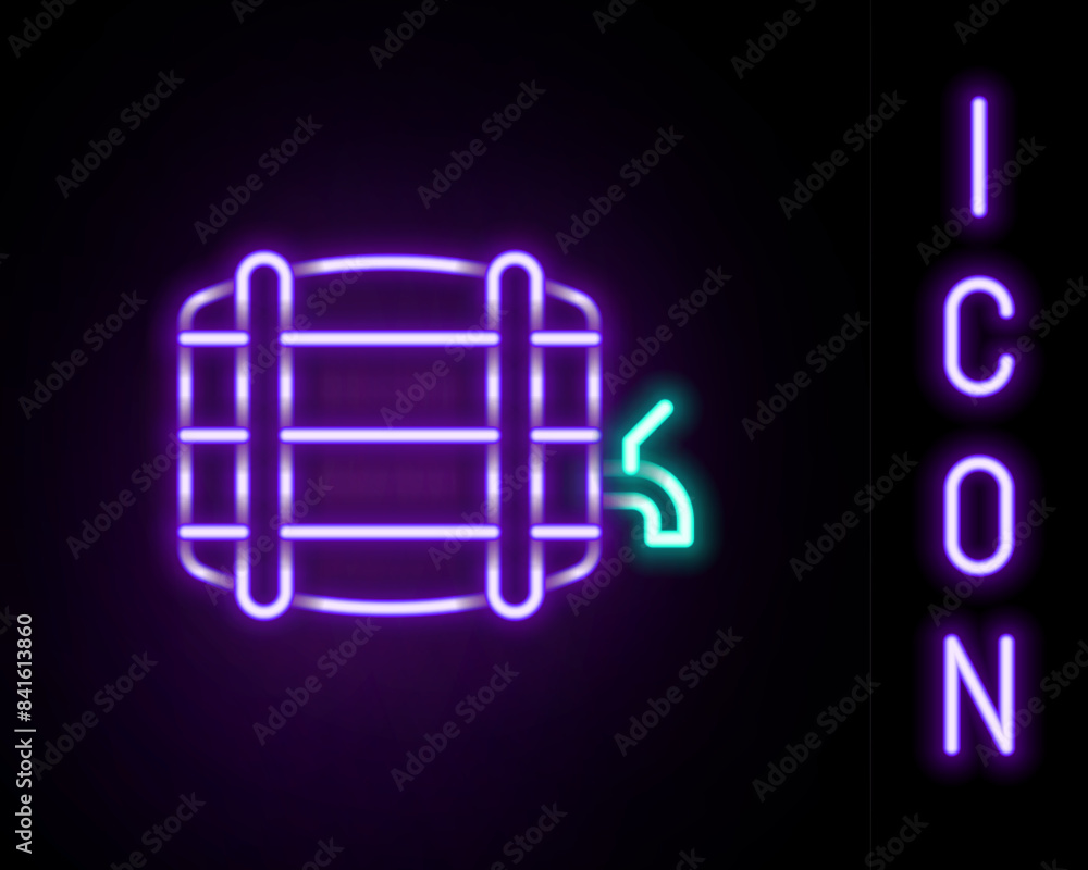 Glowing neon line Wooden barrel on rack with stopcock icon isolated on black background. Colorful outline concept. Vector Glowing neon line Wooden barrel on rack with stopcock icon isolated on black background. Colorful outline concept. Vector