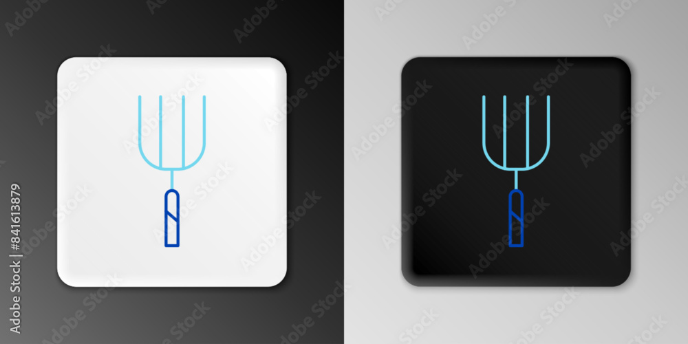 Line Garden pitchfork icon isolated on grey background. Garden fork sign. Tool for horticulture, agriculture, farming. Colorful outline concept. Vector Line Garden pitchfork icon isolated on grey background. Garden fork sign. Tool for horticulture, agriculture, farming. Colorful outline concept. Vector