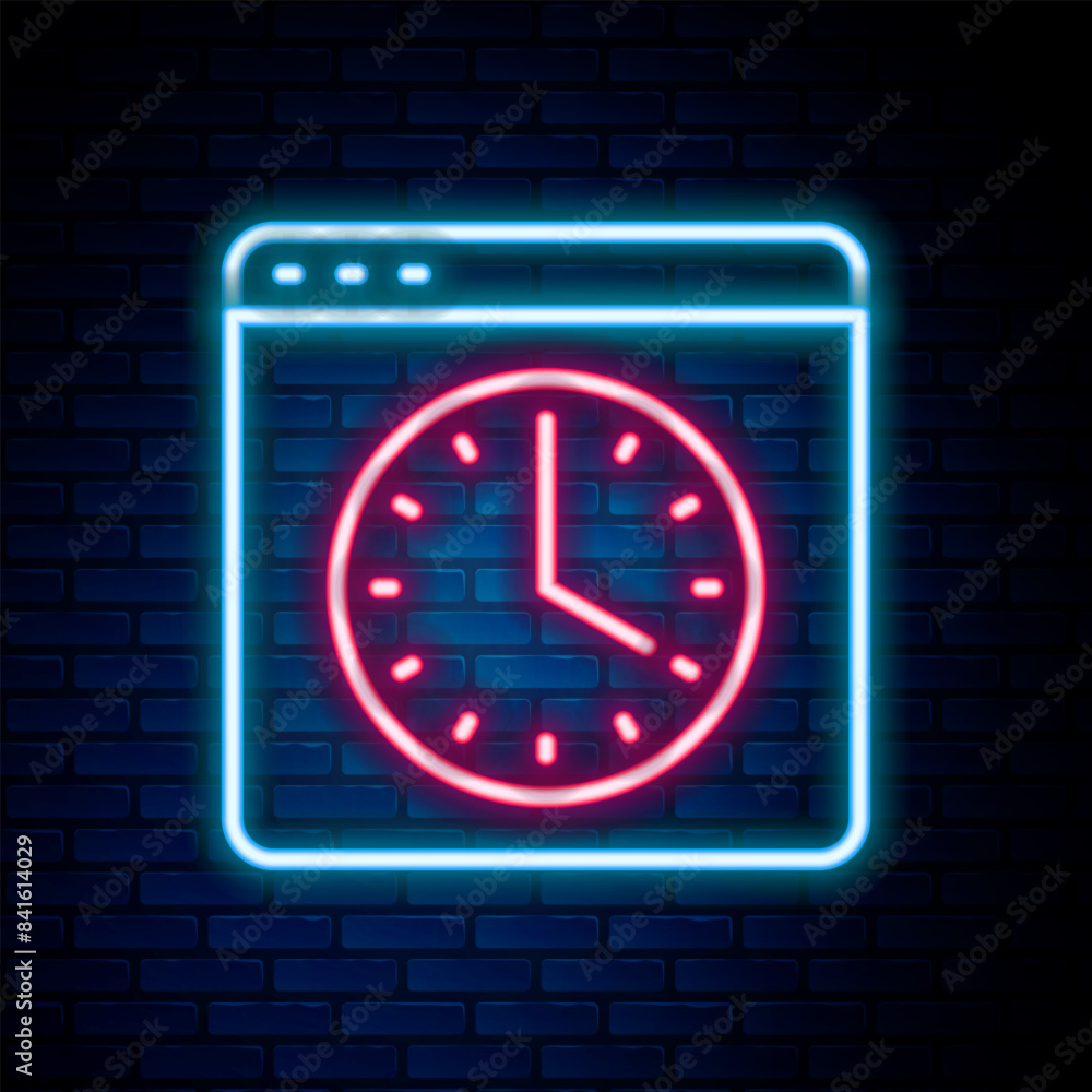 Glowing neon line Browser window icon isolated on brick wall background. Colorful outline concept. Vector Glowing neon line Browser window icon isolated on brick wall background. Colorful outline concept. Vector