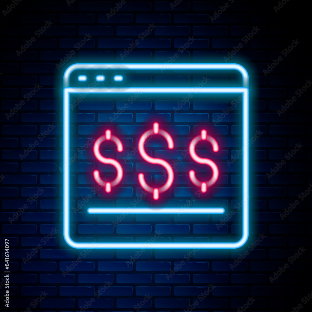 Glowing neon line Online shopping on screen icon isolated on brick wall background. Concept e-commerce, e-business, online business marketing. Colorful outline concept. Vector Glowing neon line Online shopping on screen icon isolated on brick wall background. Concept e-commerce, e-business, online business marketing. Colorful outline concept. Vector