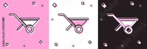 Set Wheelbarrow icon isolated on pink and white, black background. Tool equipment. Agriculture cart wheel farm. Vector