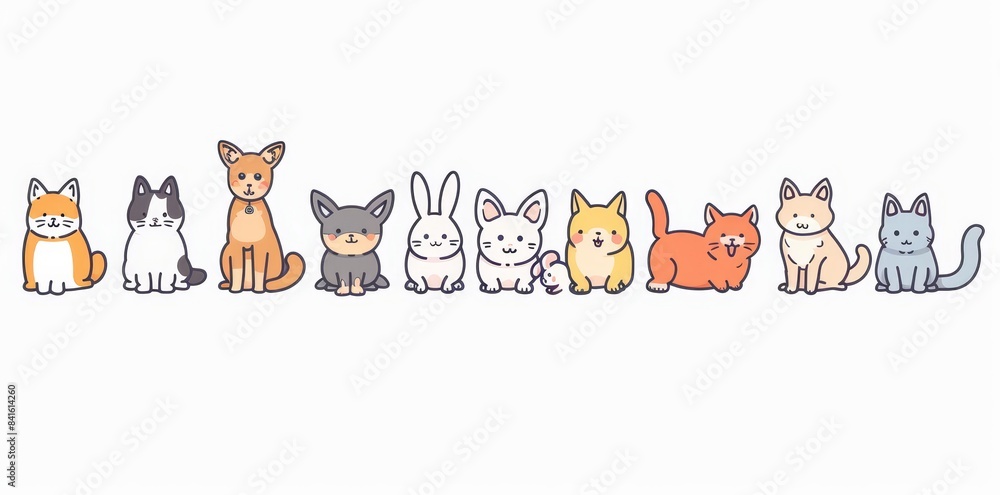 Set of cartoon pet animals with full bodies, large group