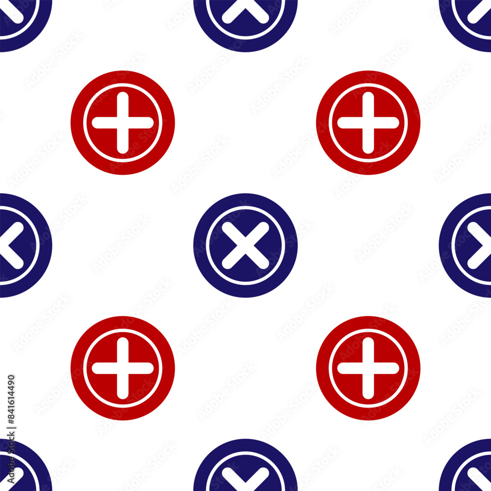Blue and red X Mark, Cross in circle icon isolated seamless pattern on white background. Check cross mark icon. Vector Blue and red X Mark, Cross in circle icon isolated seamless pattern on white background. Check cross mark icon. Vector